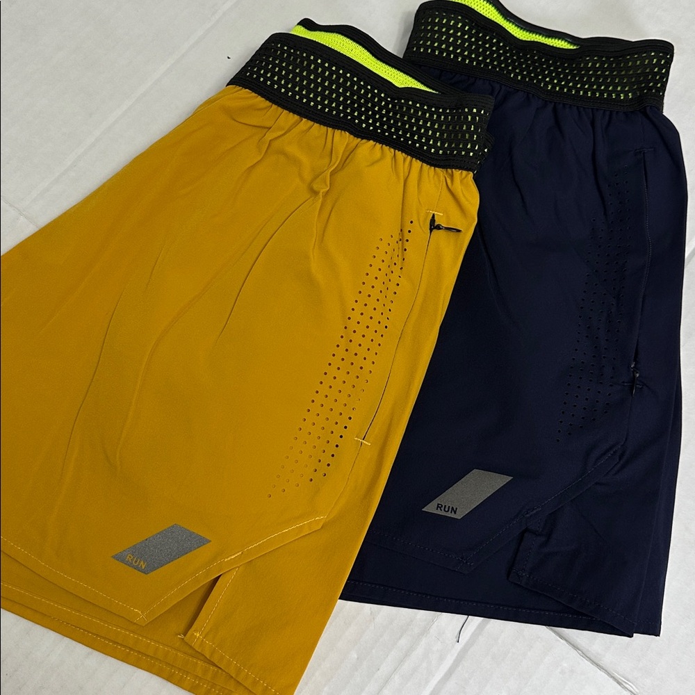 Lot of 2 AHA Active Men’s Medium Pull On Navy Yellow Nylon‎ Shorts Bundle